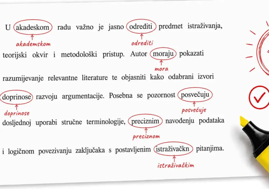 Akademski tekst s ispravcima, povećalom i markerom
