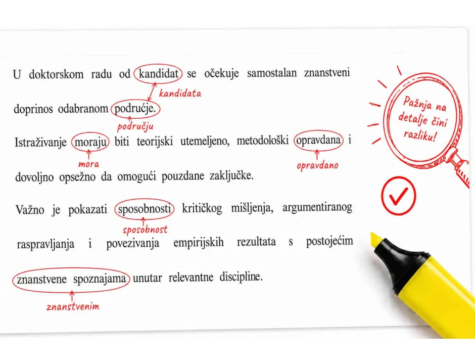 Tekst s lektorskim ispravcima, povećalom i markerom