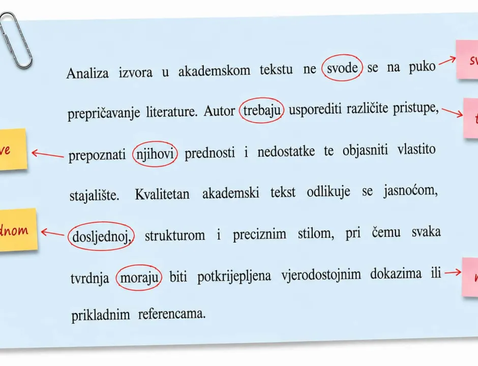 Akademski tekst o izvorima s ispravcima na ljepljivim papirićima