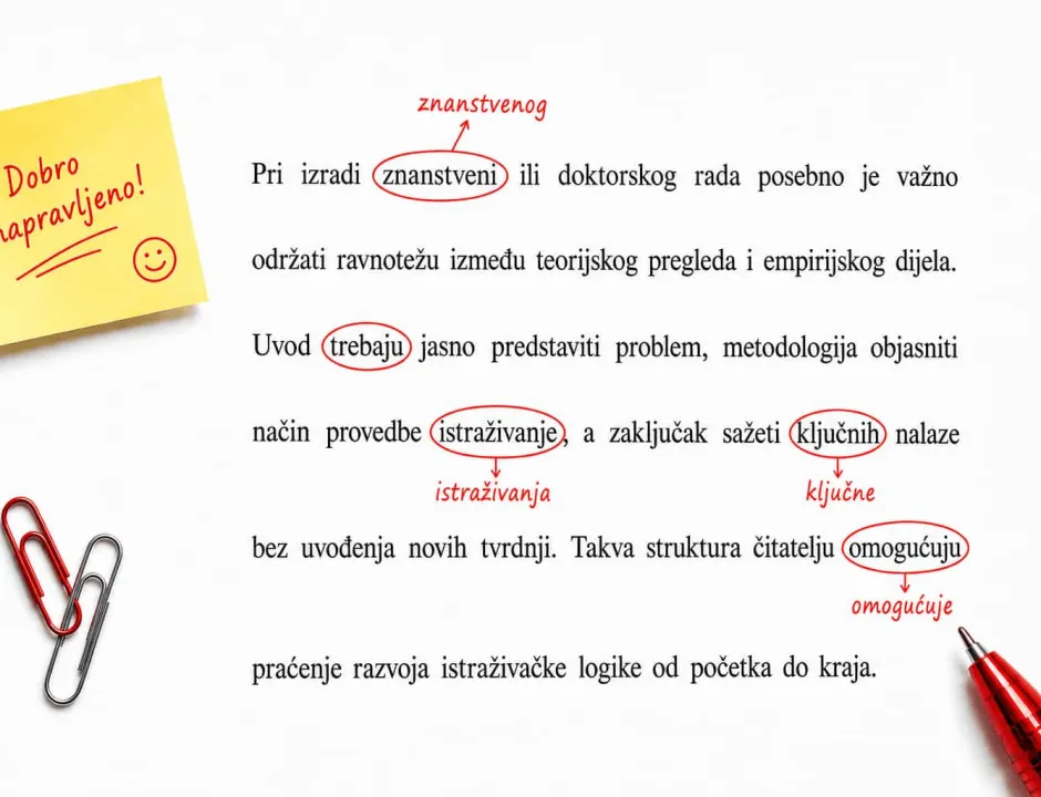 Lektorirani znanstveni tekst s ispravcima i porukom „Dobro napravljeno!”