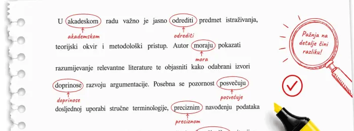 Akademski tekst s lektorskim ispravcima, povećalom i markerom